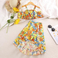 3 Girls' Suit Cute Print Off-shoulder Suspender Top Irregular Skirt Two-piece Set