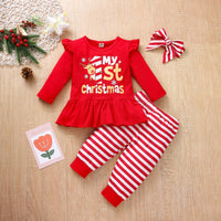 Girls Cute Cartoon Christmas Printed Long Sleeved Top Long Pants Hair Accessories Set - PrettyKid