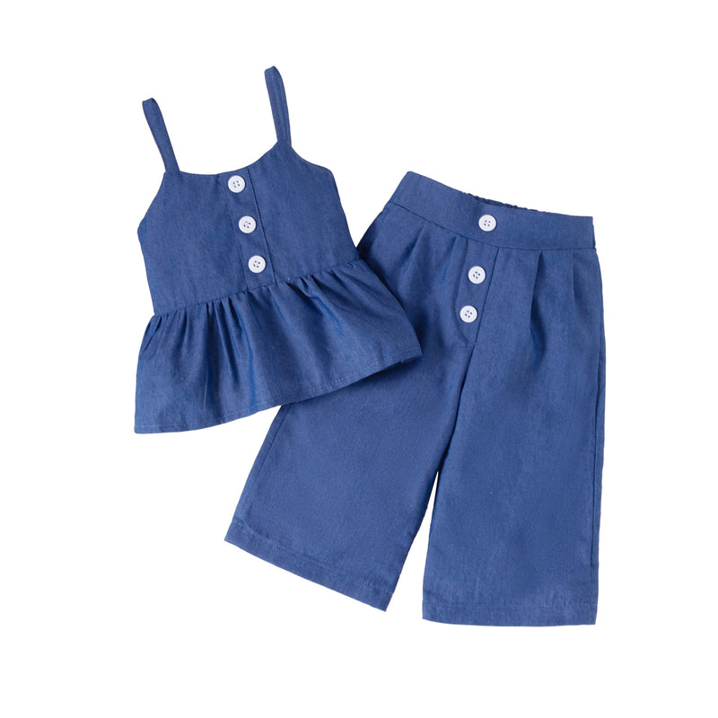 Toddler Girls Summer Solid Color Sleeveless Suspender Pleated Coat Pants Set - PrettyKid