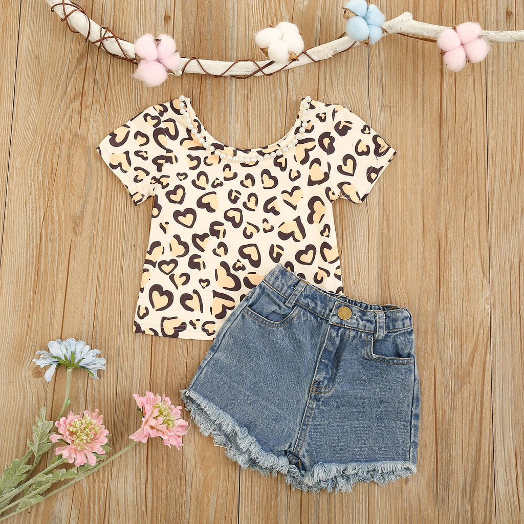 Toddler Kids Girls Love Leopard Print T-shirt Denim Shorts Set - PrettyKid