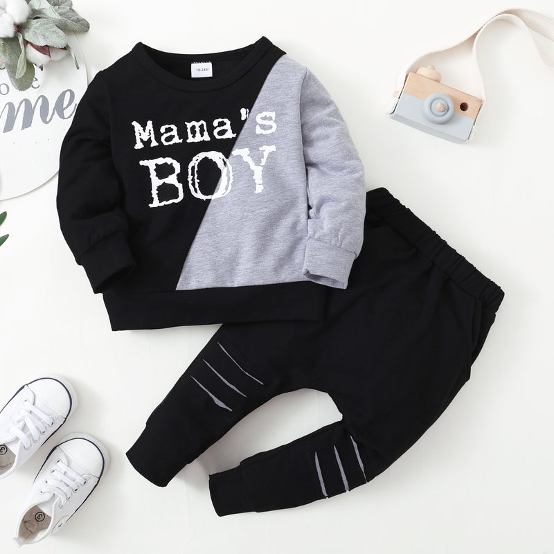 Toddler Kids Boys Solid Color Contrast Camouflage Printing Long Sleeve Letter Printing Top Pants Set - PrettyKid