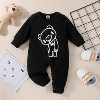 Baby Boys Girls Solid Color Cartoon Bear Print Jumpsuit - PrettyKid