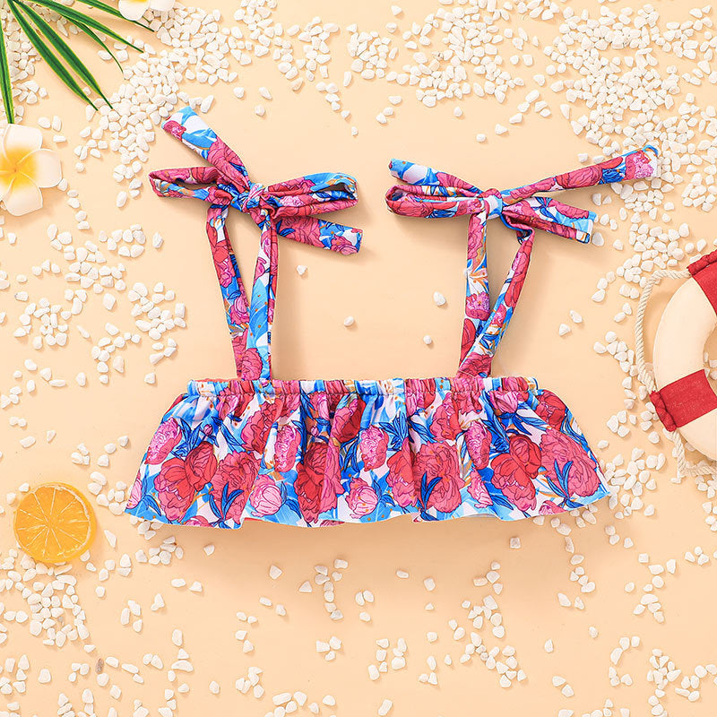 Toddler Kids Girls Flower Print Suspender Top Briefs Swimsuit Swimming Set - PrettyKid