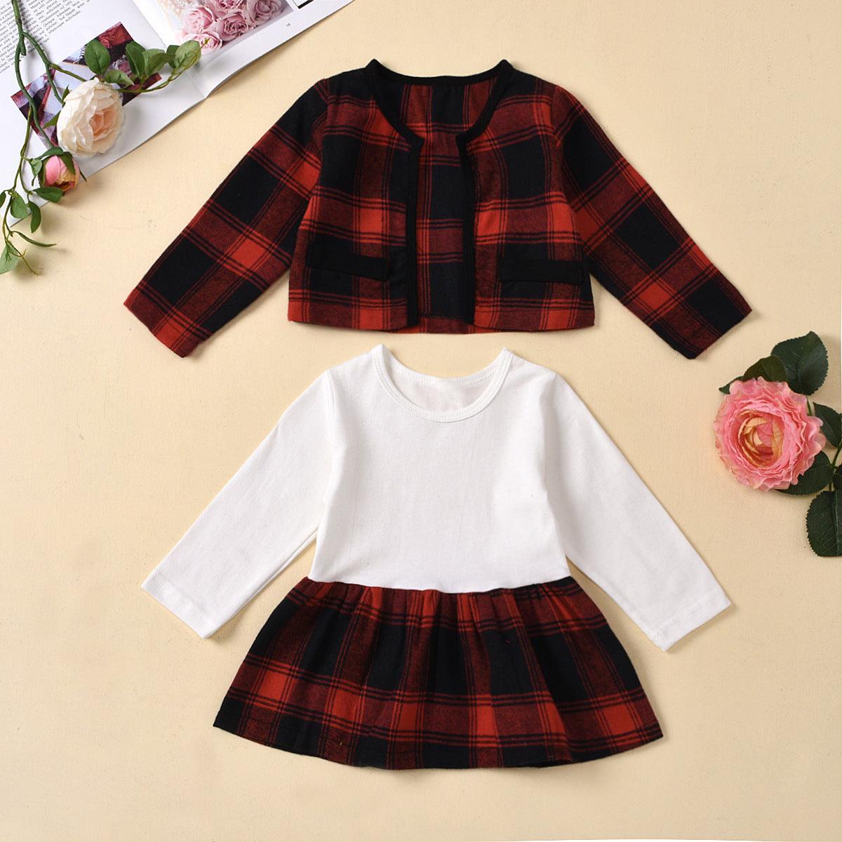 Toddler Kids Girls' Plaid Long Sleeve Coat Dress Two Piece Set - PrettyKid