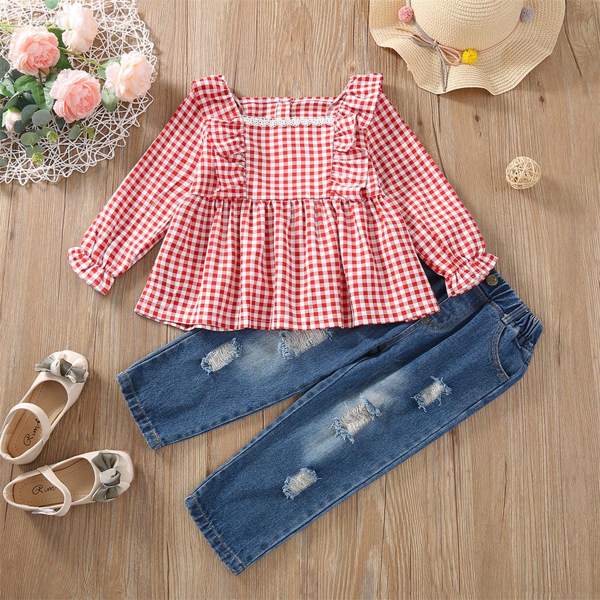 Toddler Kids Girls Pink Plaid Lace Collar Top Jeans Set - PrettyKid