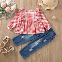 Toddler Kids Girls Pink Plaid Lace Collar Top Jeans Set - PrettyKid