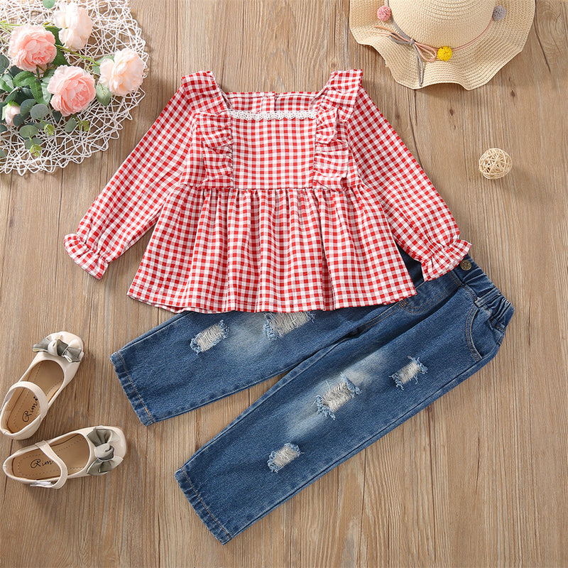 Toddler Kids Girls Pink Plaid Lace Collar Top Jeans Set - PrettyKid
