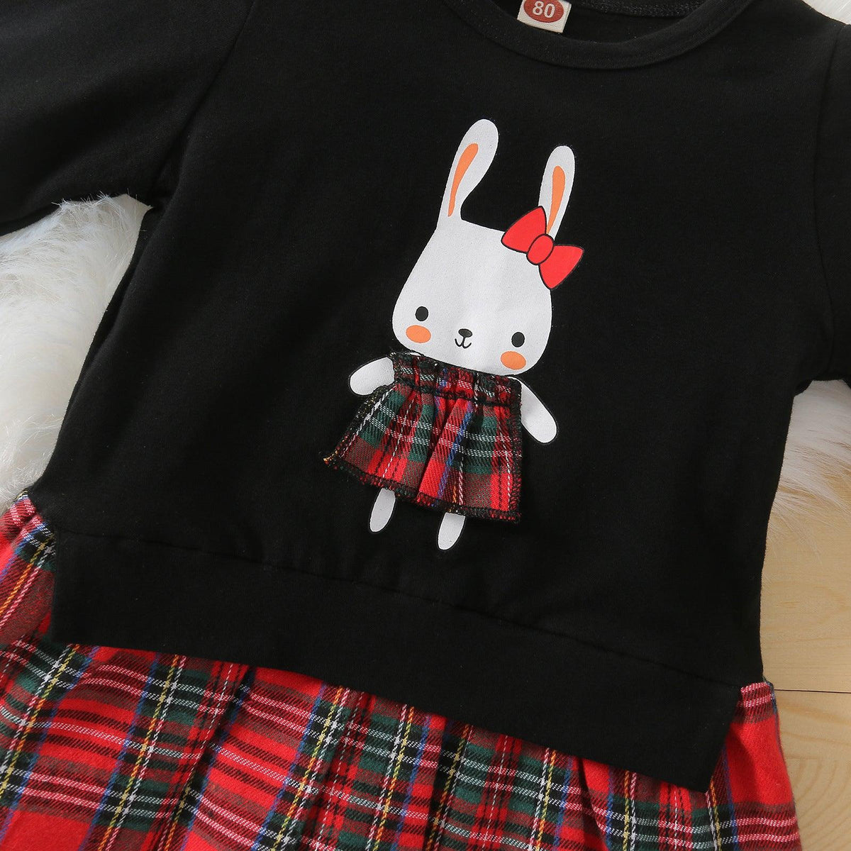 Toddler Girls Solid Color Cartoon Rabbit Print Patchwork Plaid Dress - PrettyKid