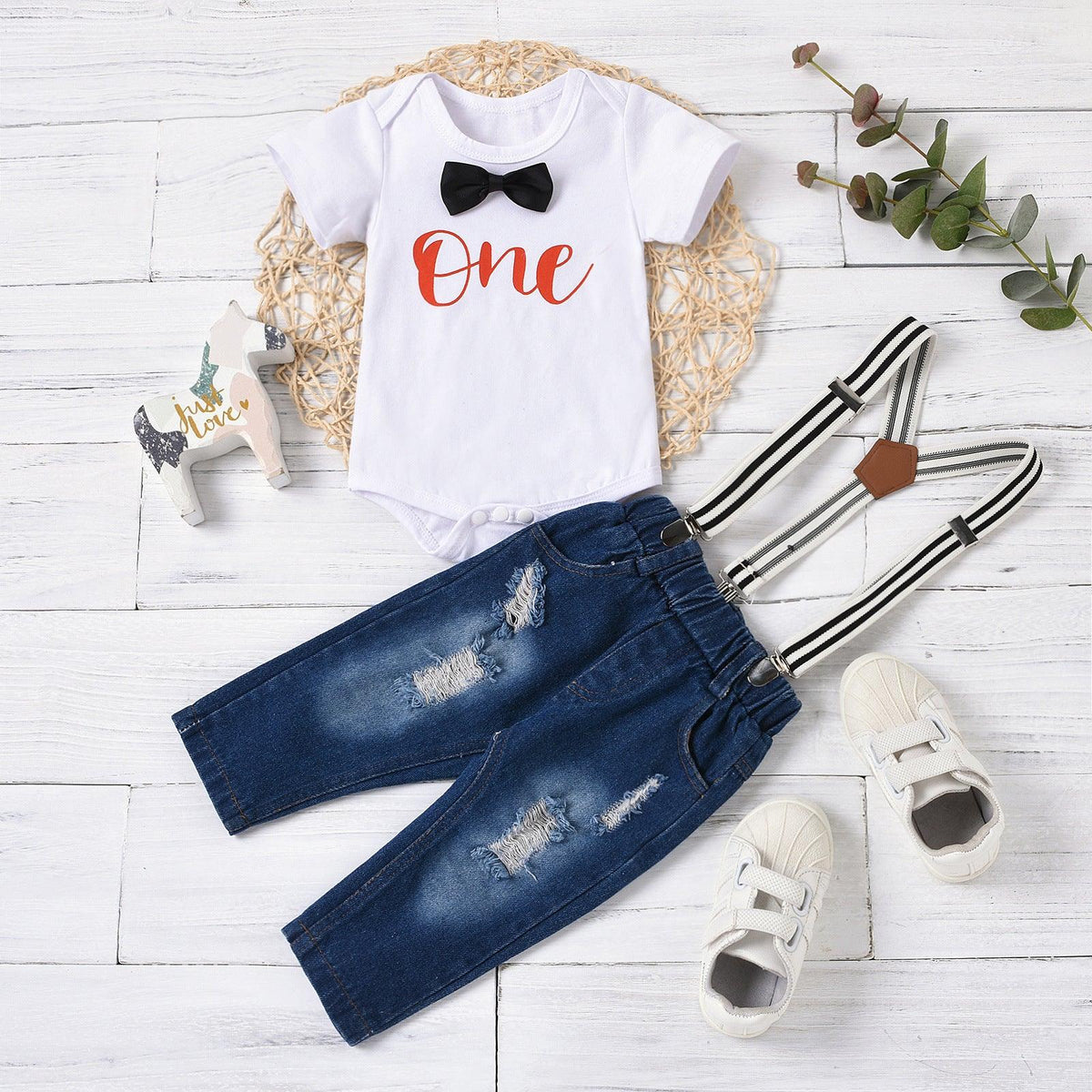 Baby Boys Solid Letter Print Bow Tie Short Sleeve T-shirt Strap Denim Pants Set - PrettyKid