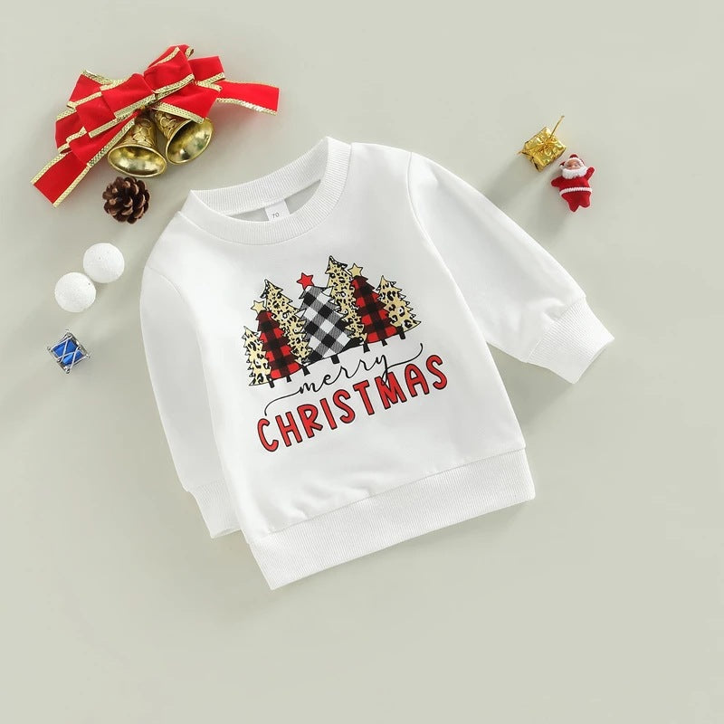 Toddler Kids Solid Letter Christmas Tree Maple Leaf Print Long Sleeve Sweatshirt - PrettyKid
