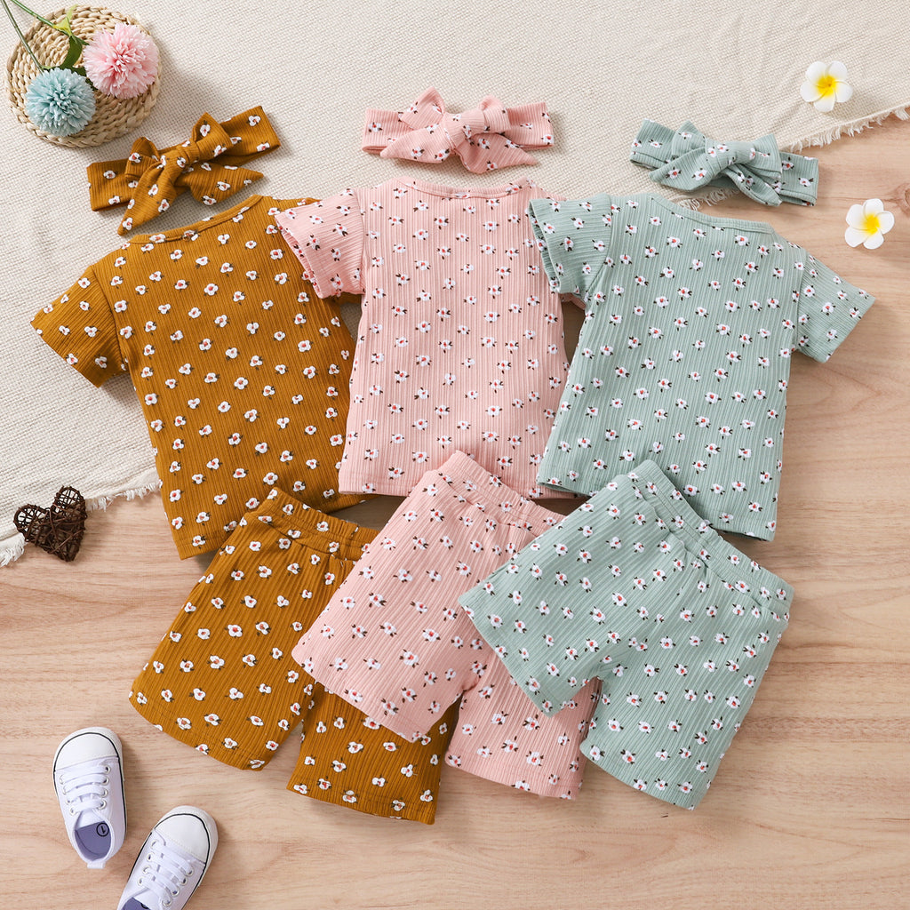 9M-4Y Baby Girl Shorts Set Printed Short Sleeve Drawstring Headband Wholesale Baby Boutique Clothing - PrettyKid