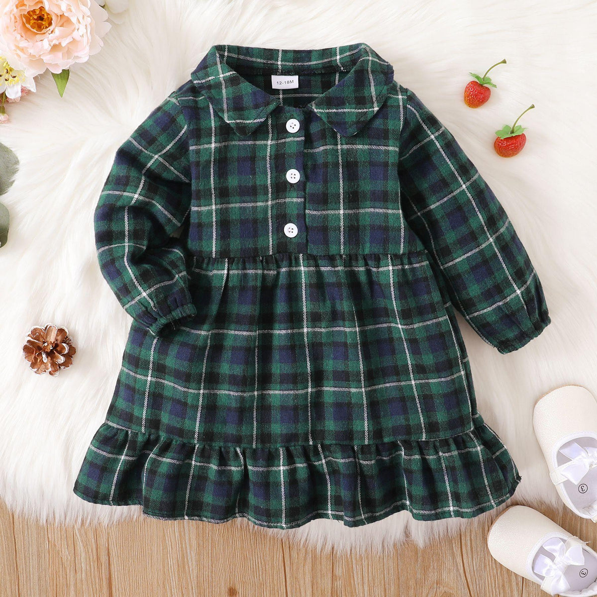 Toddler Girls Plaid Printed Long Sleeve Ruffle Dress - PrettyKid