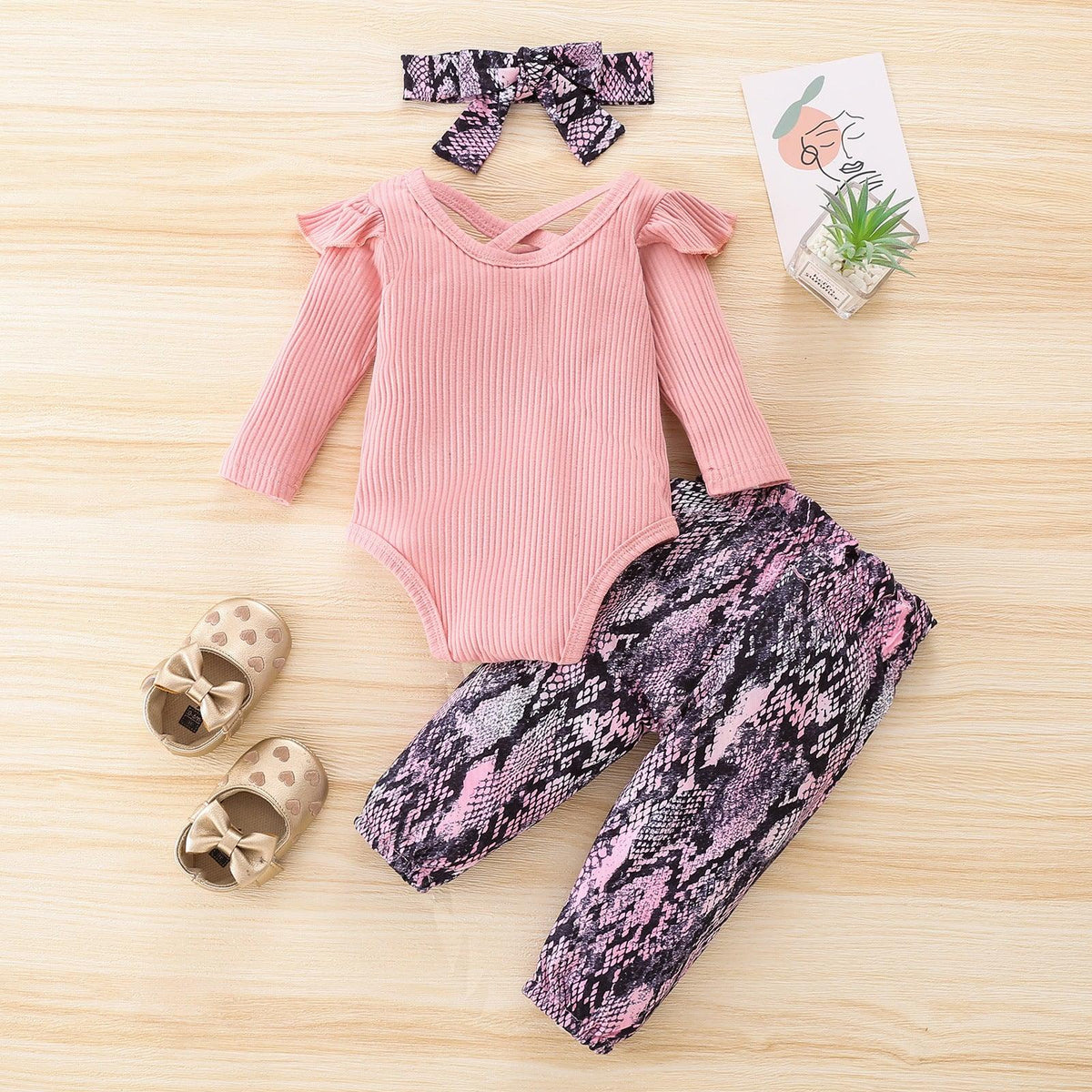 Baby Girls Solid Lace Jumpsuit Printed Pants Set - PrettyKid