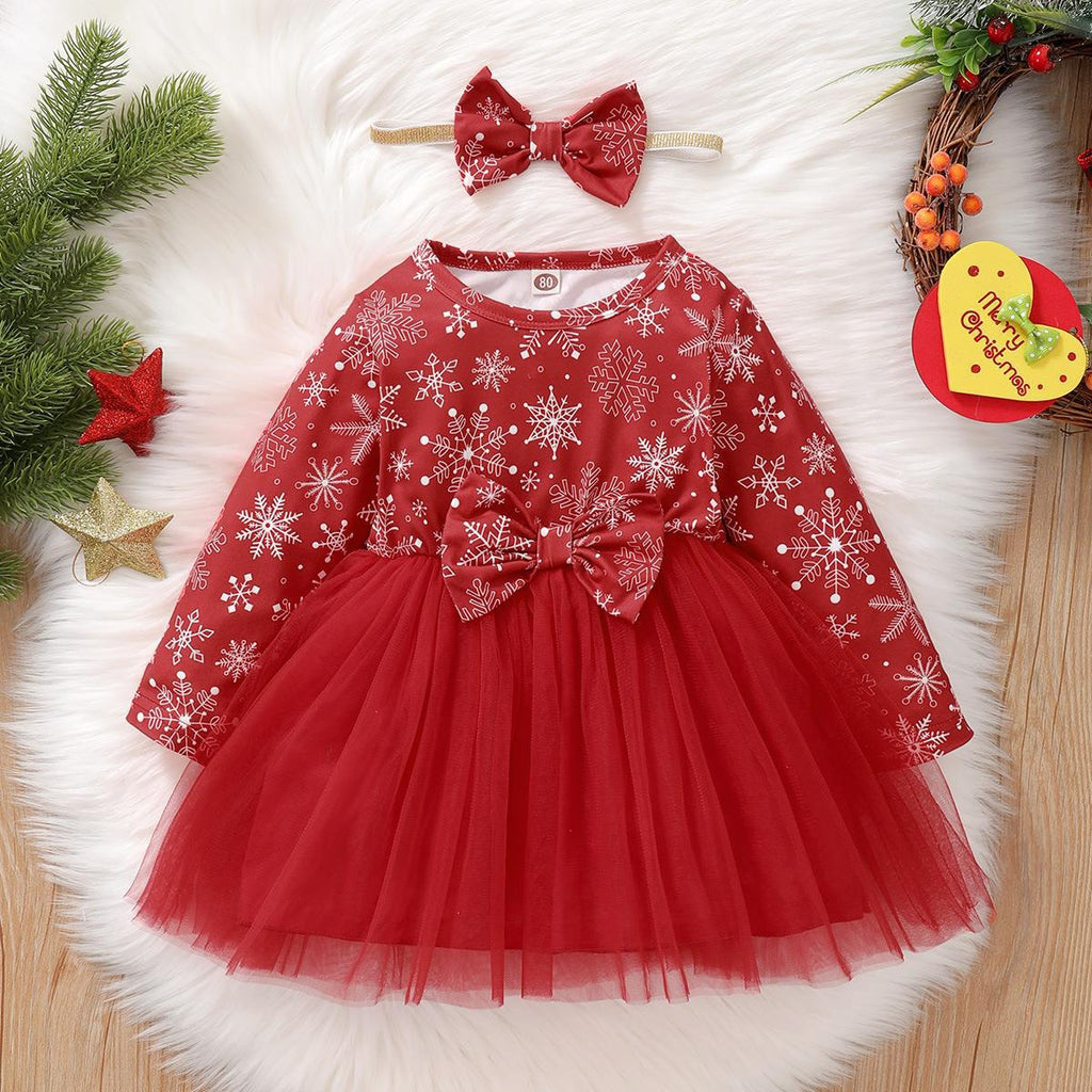 Toddler Girls Snowflake Print Mesh Patchwork Christmas Dress - PrettyKid