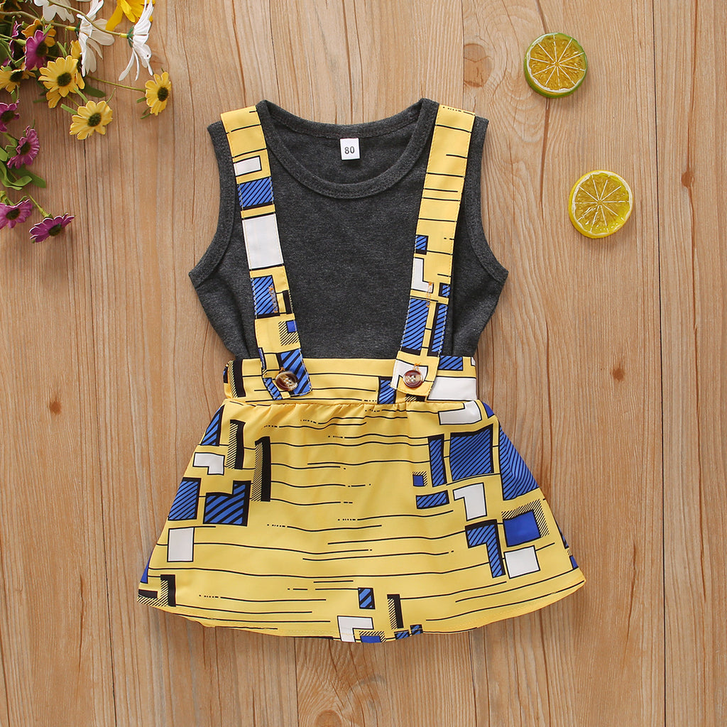 Toddler Kids Girls Solid Color Sleeveless Vest Cartoon Printed Suspender Skirt Set - PrettyKid