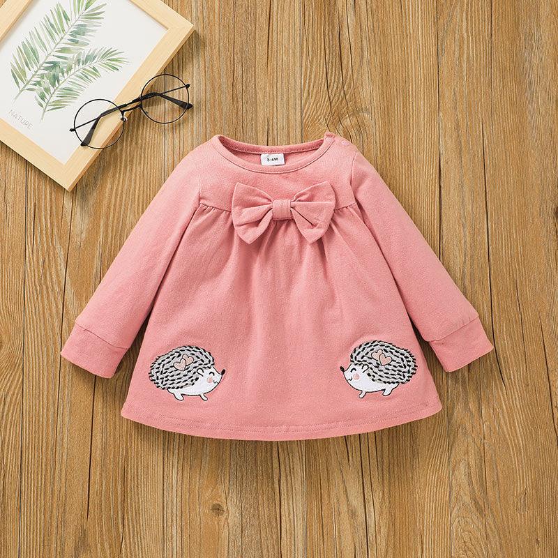 Toddler Girls' Cute Hedgehog Solid Color Bow Long-sleeved Tops and Pants Set - PrettyKid