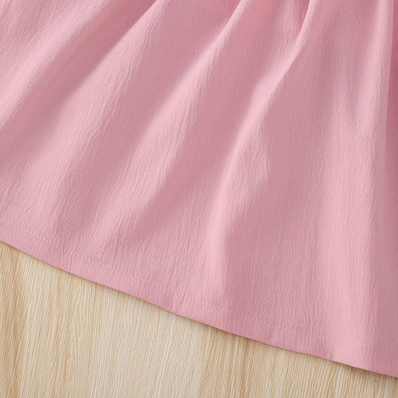 Toddler Kids Girls Solid Color Cartoon Printed Short Sleeved Top Pink Rabbit Strap Skirt Set - PrettyKid