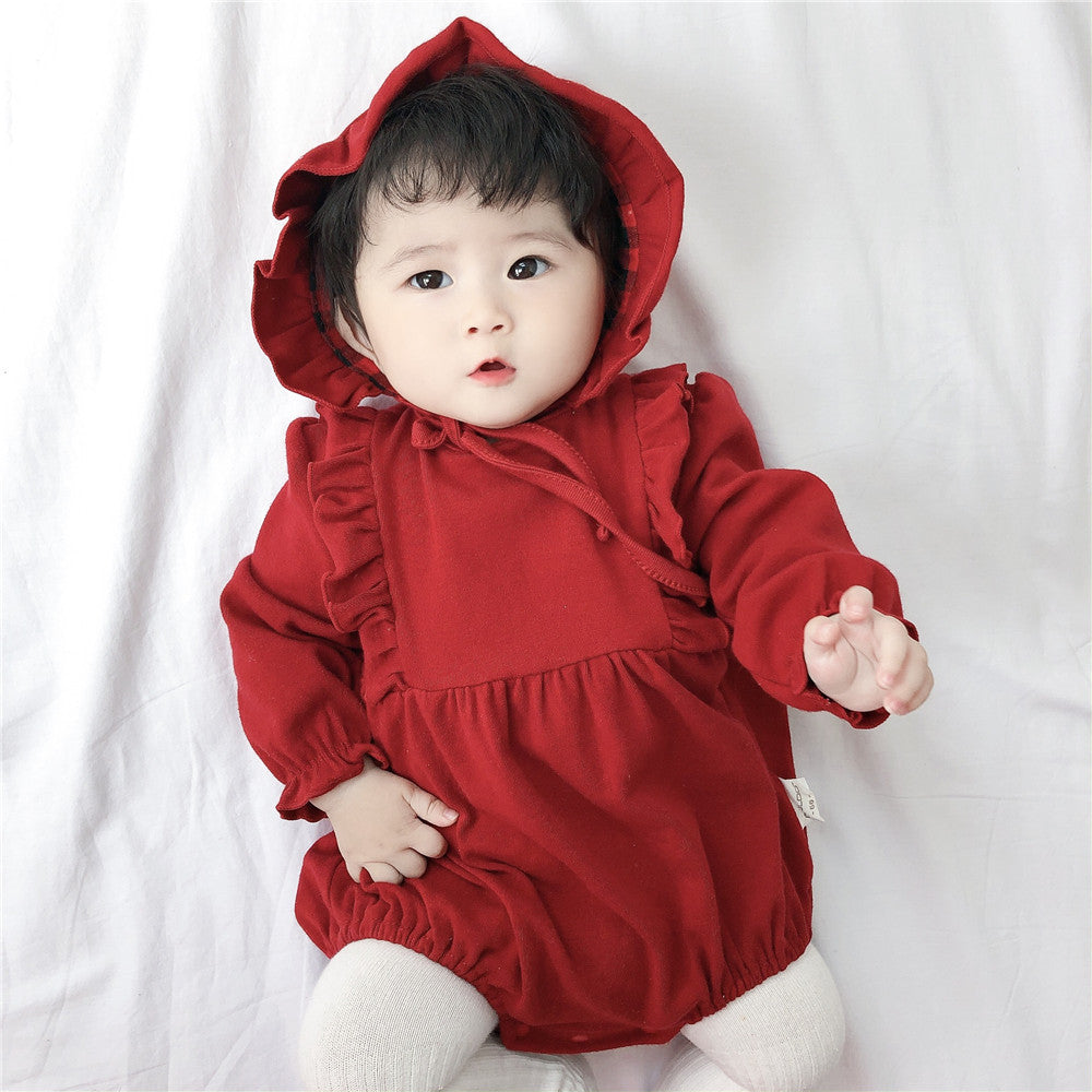 Baby Girls Solid Color Long Sleeve Jumpsuit Little Red Hat Suit - PrettyKid