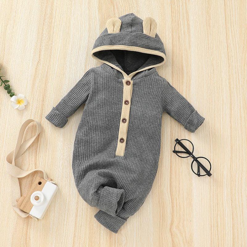 Baby Boys Girls Solid Color Long Sleeved Knitted Hooded Jumpsuit Creeper - PrettyKid