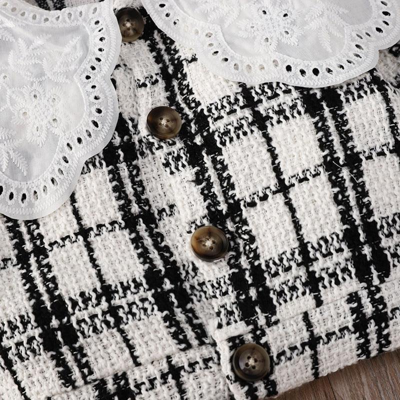 Toddler Kids Girls Black and White Plaid Printed Lace Top Skirt Set - PrettyKid