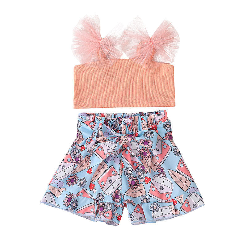 Toddler Kids Girls Solid Color Mesh Suspender Top Cartoon Printed Bow Knot Shorts Set - PrettyKid