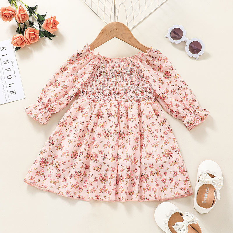 Toddler Girls Pink Flower Print Long Sleeve Dress - PrettyKid