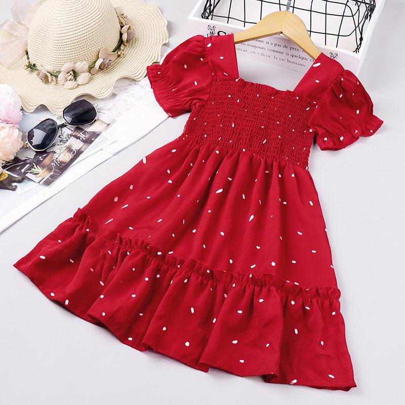 Toddler Kids Girl Solid Dot Short Sleeve Square Neck Dress - PrettyKid