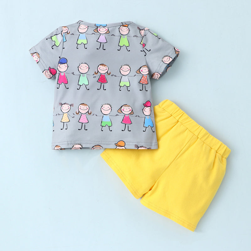 Toddler Kids Boys Solid Colour Cartoon Print Short Sleeve T-shirt Solid Colour Letter Print Shorts Set - PrettyKid
