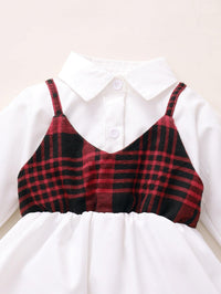 Toddler Girls Solid Long Sleeve Plaid Vest Shirt Dress - PrettyKid