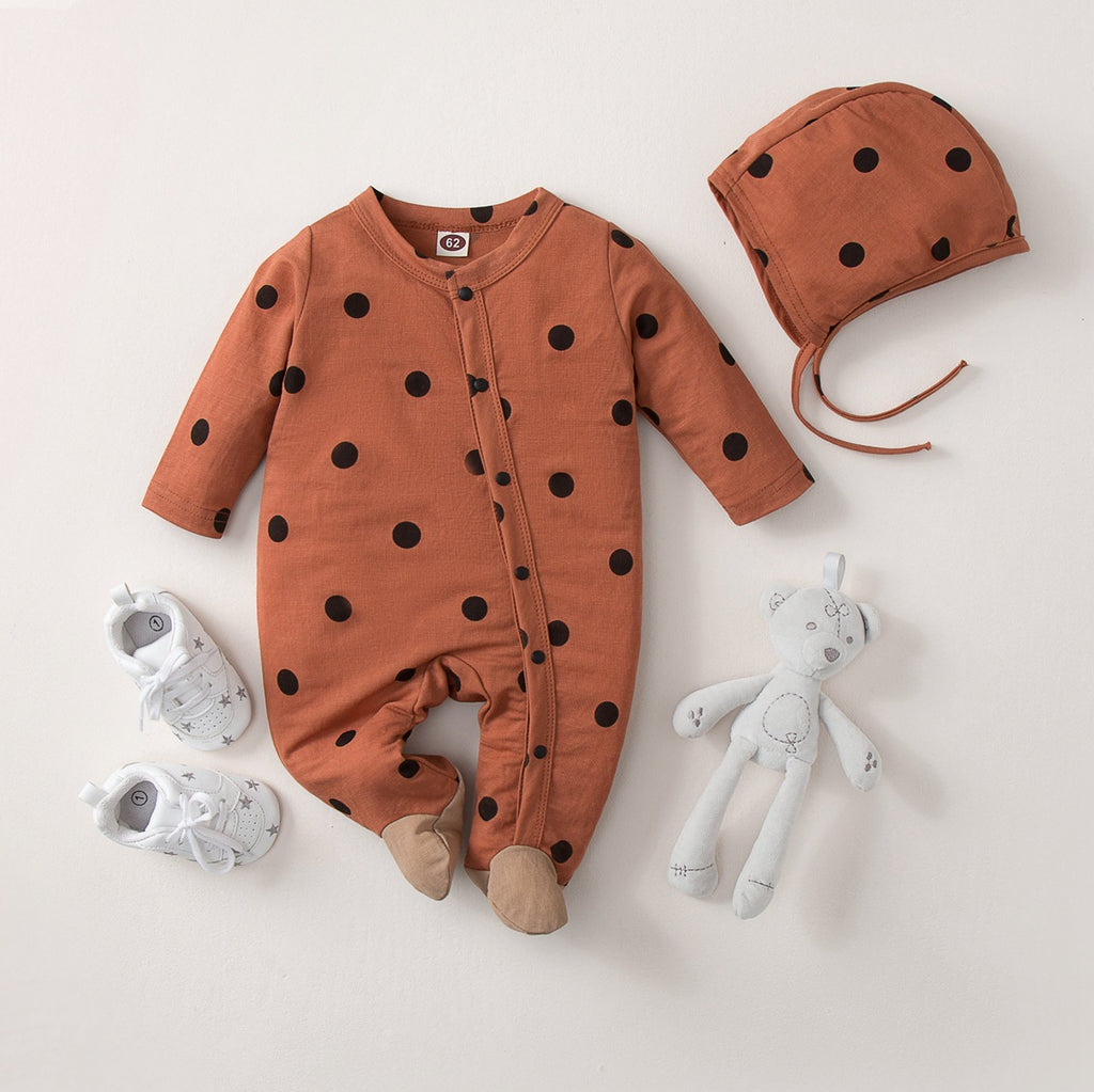 Baby Boys Girls Solid Cotton Dot Print Wrapped Round Neck Long Sleeve Romper Jumpsuit Hats Set - PrettyKid