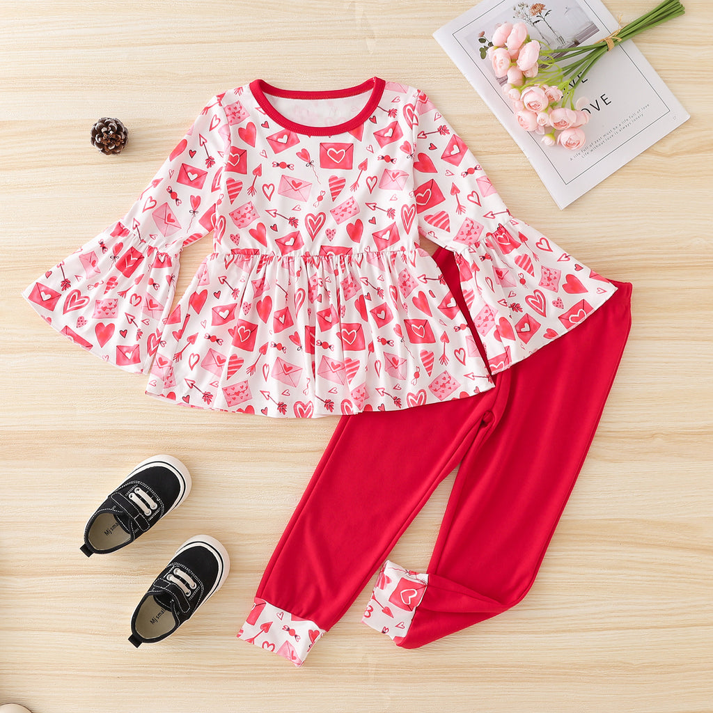 Toddler Kid Girls Cartoon Print Flared Sleeve Top Solid Color Pants Valentine's Day Suit - PrettyKid