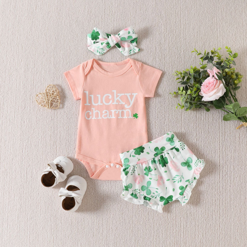 St. Patrick's Day 2023 Baby Girls' Set Alphabet Romper+Four leaf Grass Printed Shorts+Headband - PrettyKid