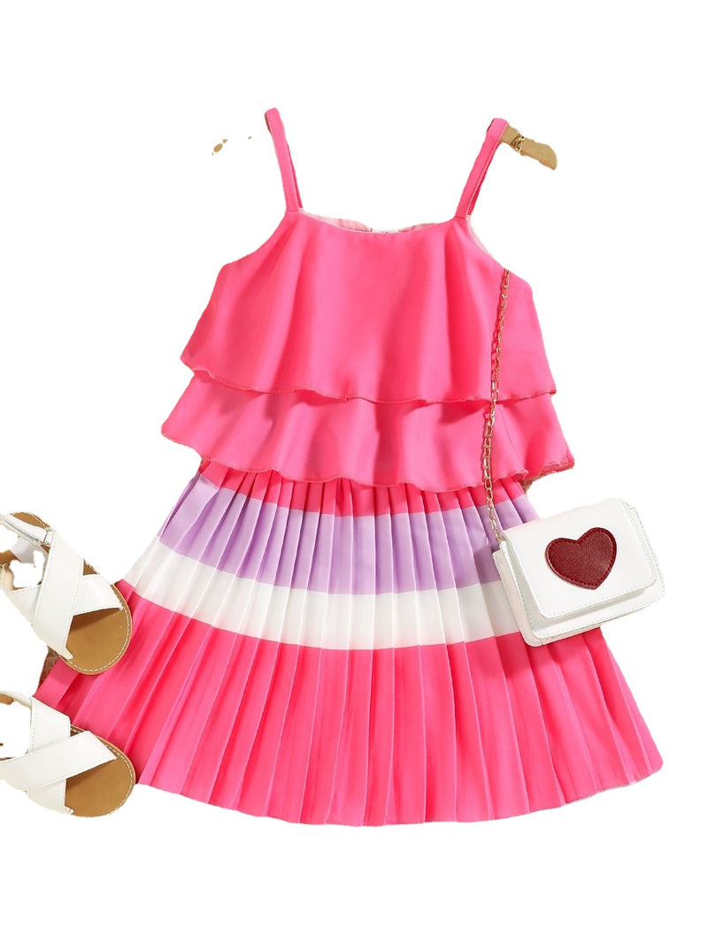 Spring and Summer Rose Belt Top Pleated Cake Skirt Girls Suit