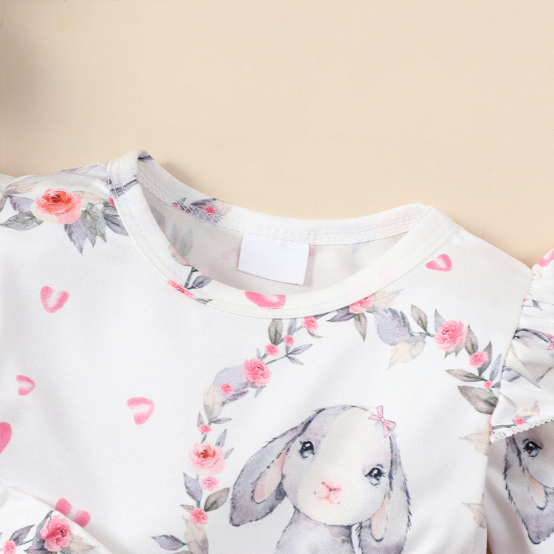 Toddler Girls Lovely Rabbit Print Bow Long Sleeve Dress - PrettyKid