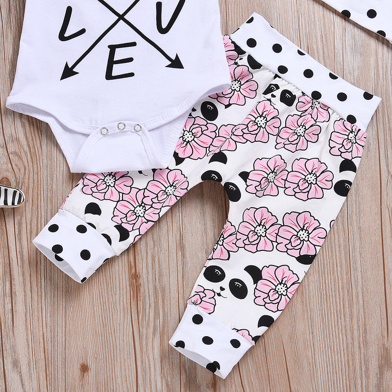 Baby Girls Solid Love Short Sleeve Romper Floral Print Pants Hat Set - PrettyKid