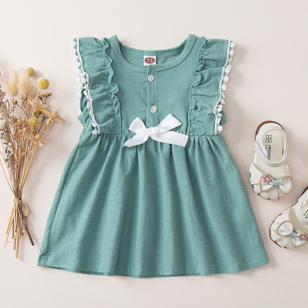Toddler Girls Summer Green Sleeveless Ruffle Stitched Bow Dress - PrettyKid