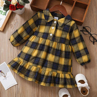 Toddler Kids Girls Yellow Plaid Long Sleeve Lovely Dress - PrettyKid