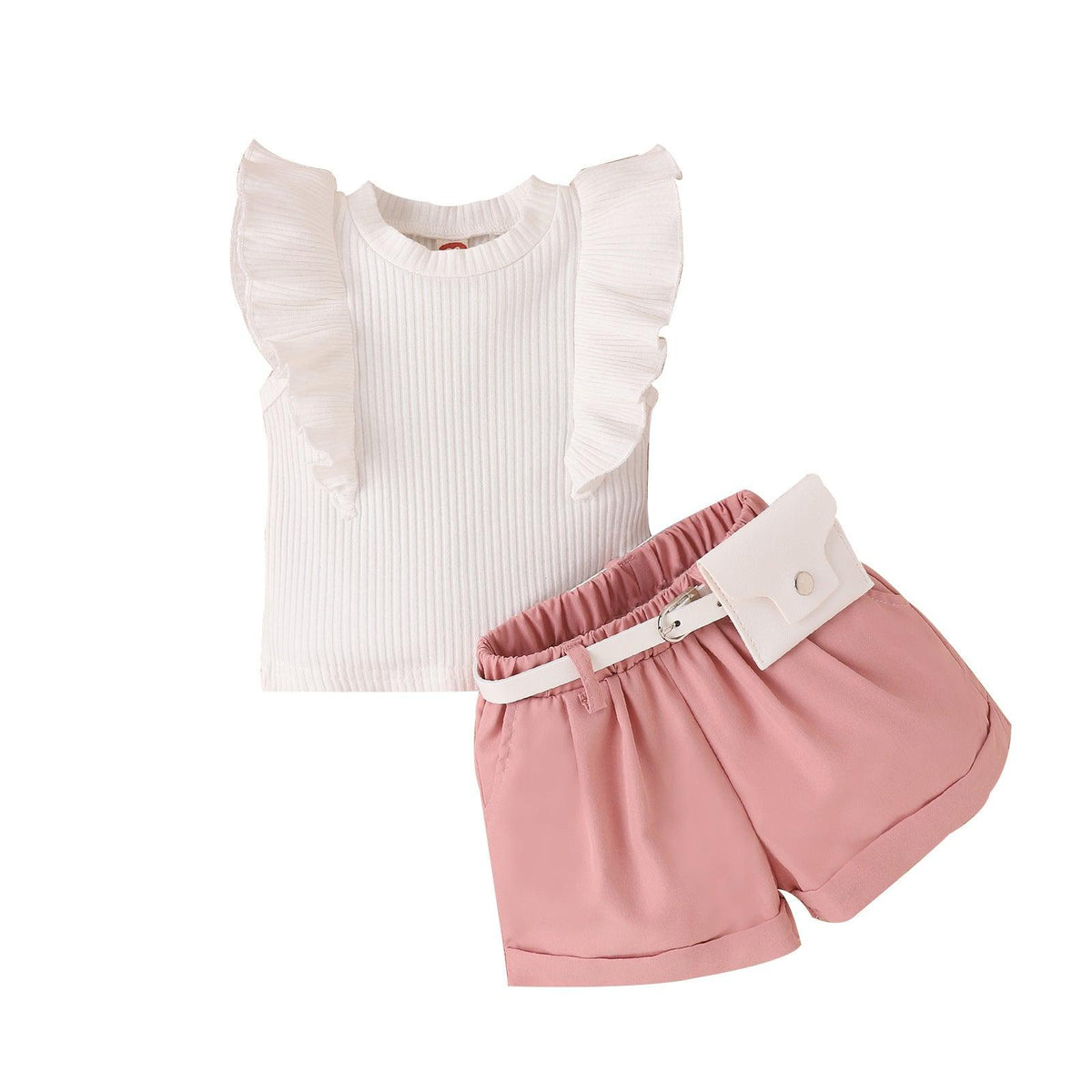 Spring and Summer Cotton Pit Strip Flying Sleeve Top Solid Color Shorts with Waist Bag Girls Suit