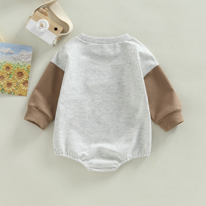 Children's Wear Spring and Autumn 2022 Baby Baby Letter Animal Print Splicing Sleeve Pullover Romper - PrettyKid