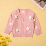 Girls Solid Color Cute Flowers V-neck Button Knit Sweater Cardigan - PrettyKid