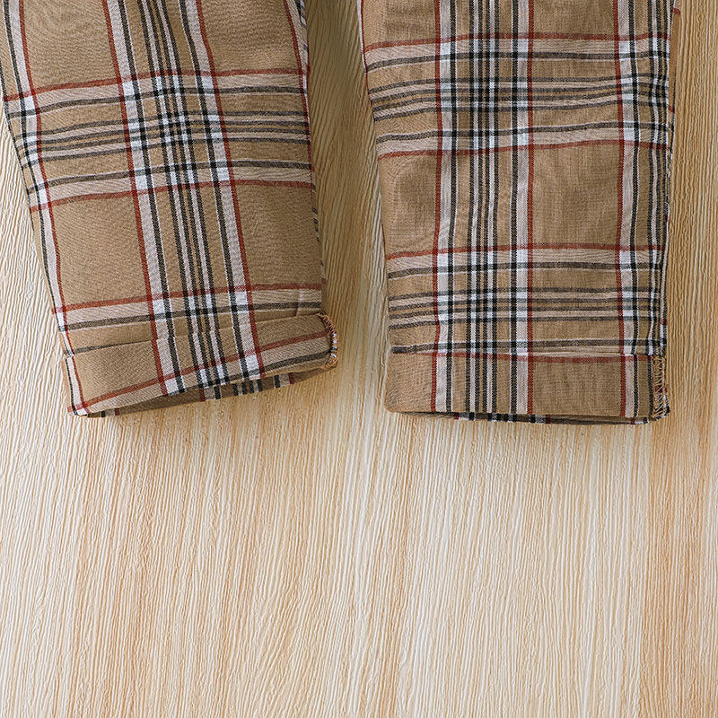 Boys Solid Color Short Sleeve T-Shirt Top Plaid Slacks Set - PrettyKid