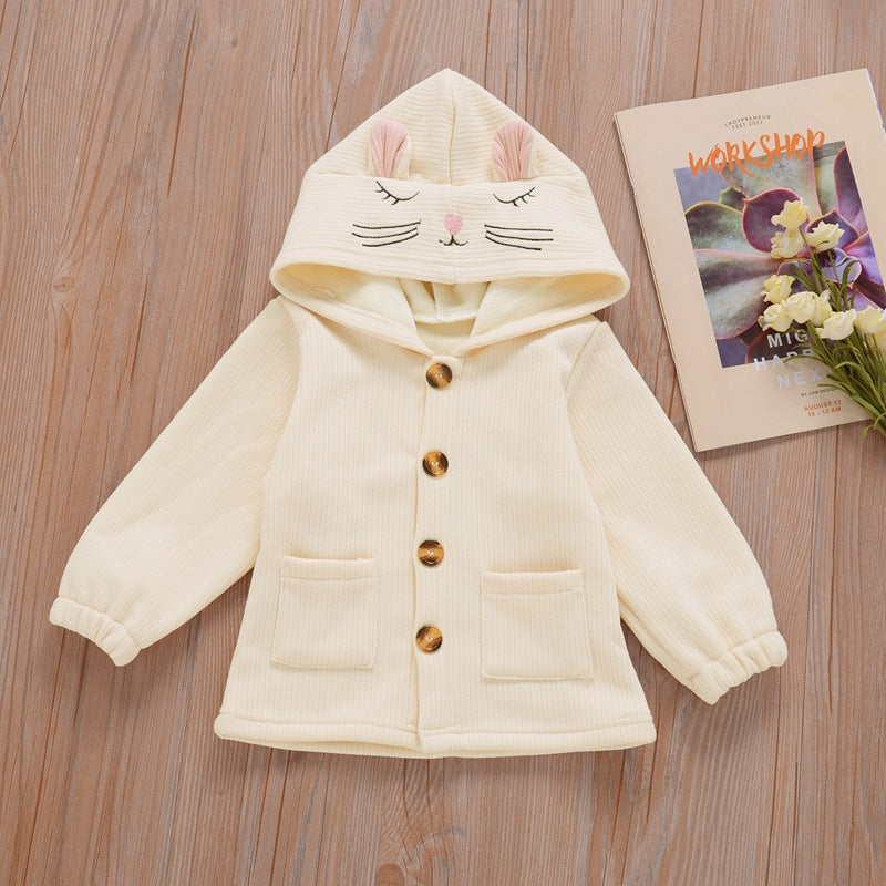 Toddler Kids Girls Cute Embroidered Button Hooded Cotton Solid Sweater - PrettyKid