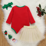 Baby Girls Christmas Deer Long Sleeved One-piece Dress Mesh Skirt Hair Band Suit - PrettyKid
