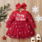 Toddler Girls Christmas Printed Red Mesh Stitching Long-sleeved Dress - PrettyKid