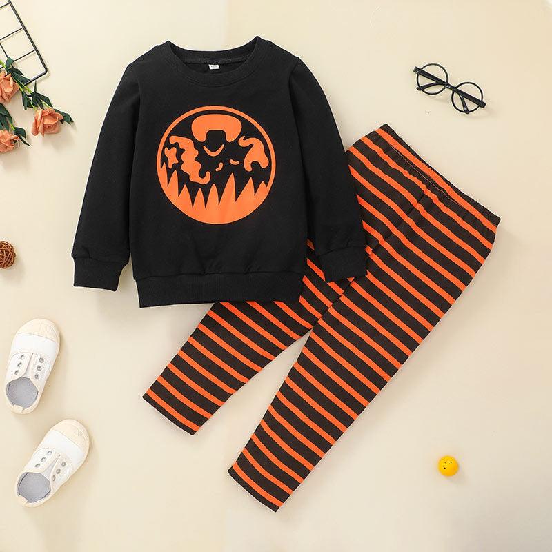 Toddler Kids Halloween Pumpkin Print Striped Long-sleeved Top Trouser Suit Children Clothing Vendors - PrettyKid