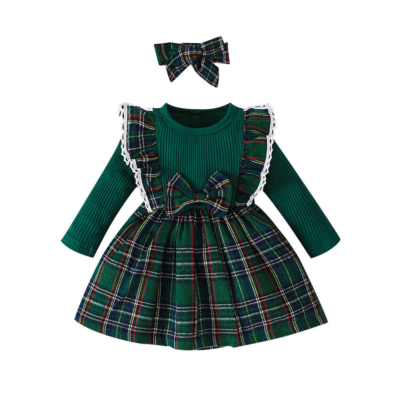 Toddler Girl Solid Color Tops Plaid Patchwork Dress Christmas Dress - PrettyKid