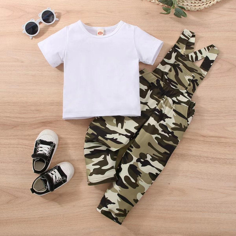 Infants' 2023 Spring and Summer Cotton Short-sleeved Shirt, Military Green Suspender Trousers, Girls' Suit