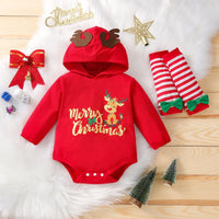 Baby Boys Girls Christmas Letter Printed Antler Hoodie Bodysuit Sock Set - PrettyKid