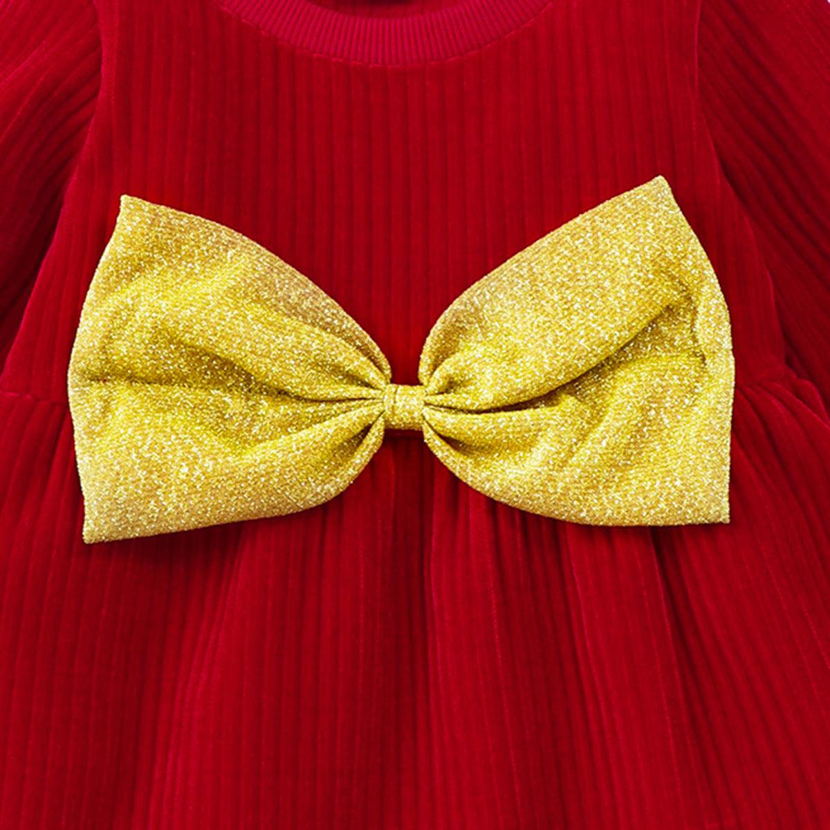 Toddler Girls Solid Corduroy Bow Dress - PrettyKid