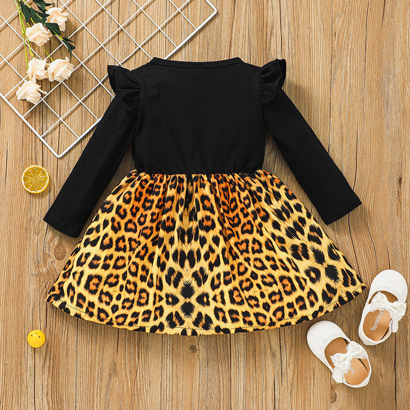 Toddler Girls Black Long Sleeve Top Leopard Dress - PrettyKid